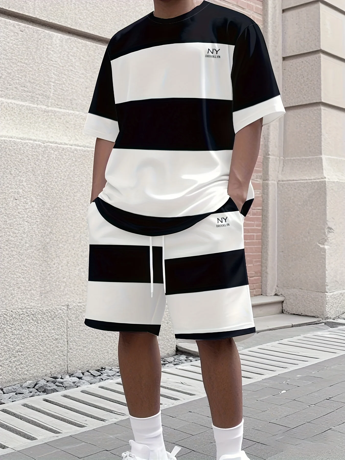Men's summer striped print T-shirt & shorts set