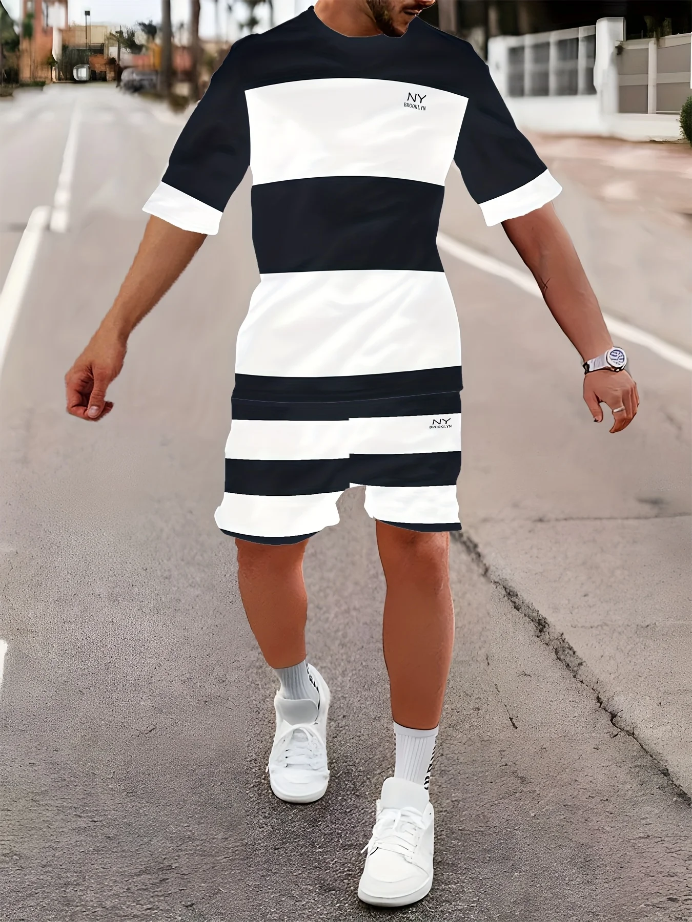 Men's summer striped print T-shirt & shorts set