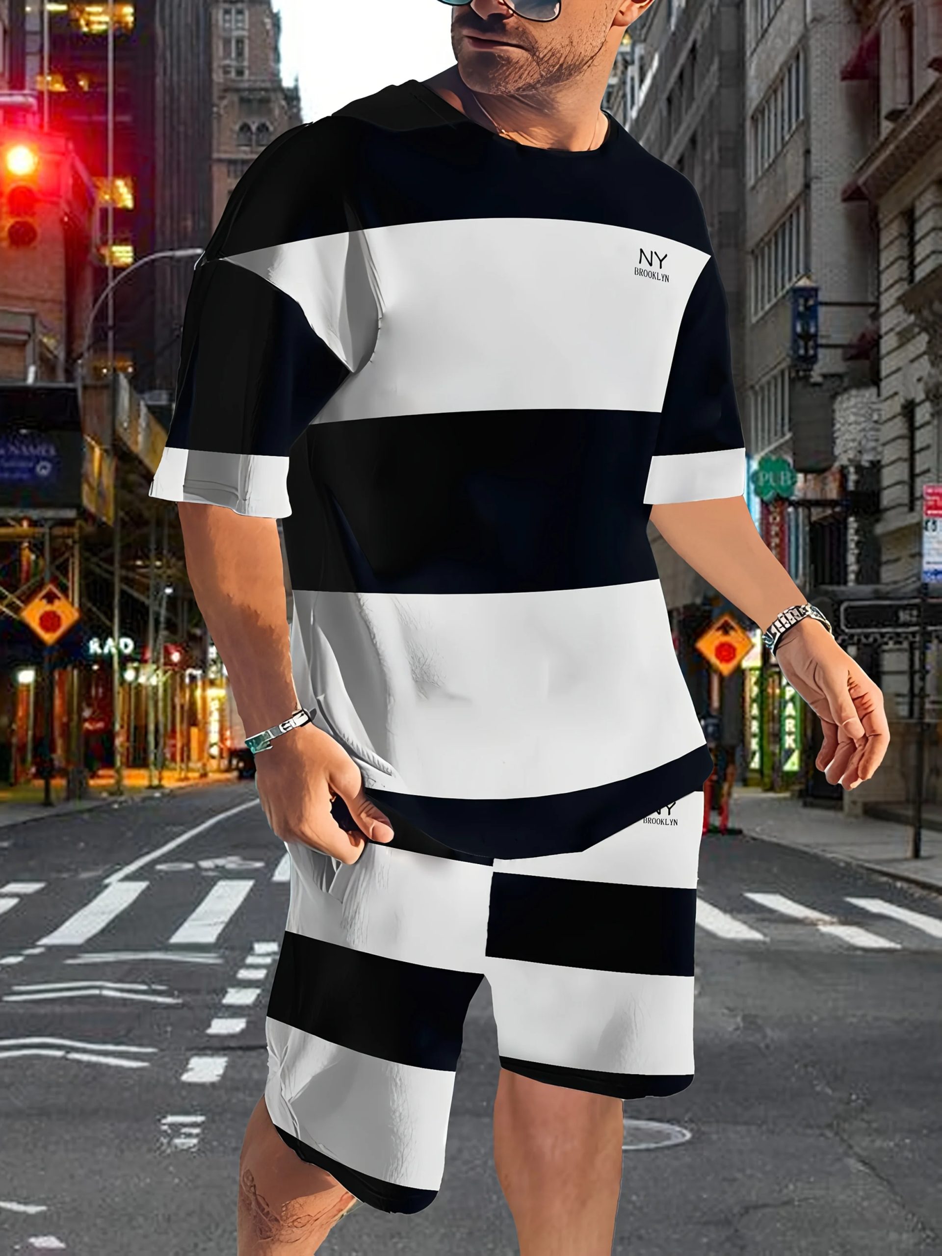 Men's summer striped print T-shirt & shorts set