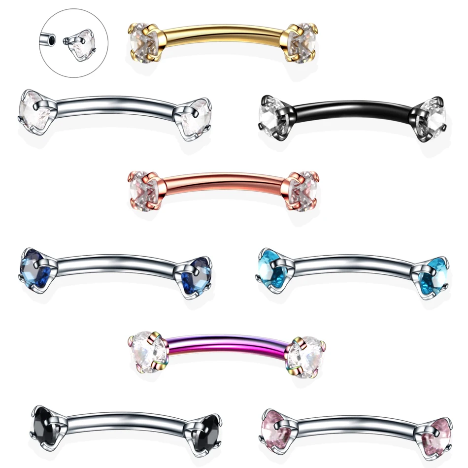 1PC Steel Crystal Gem Eyebrow Ring Tragus Helix Rook Earring Piercings Curved Banana Piercing Lip Helix Rings Jewelry 16G