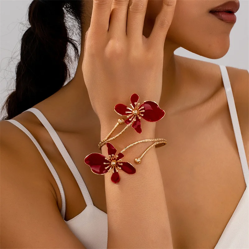 Colorful Enamel Flower Open Arm Ring for Women Elegant Sexy