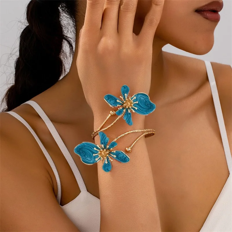 Colorful Enamel Flower Open Arm Ring for Women Elegant Sexy