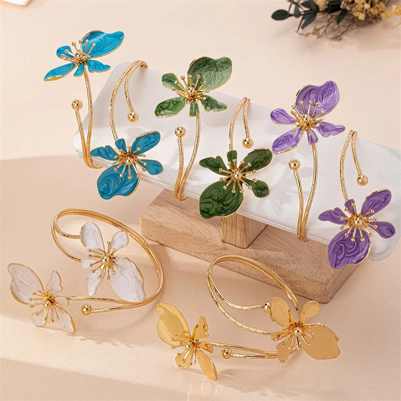 Colorful Enamel Flower Open Arm Ring for Women Elegant Sexy