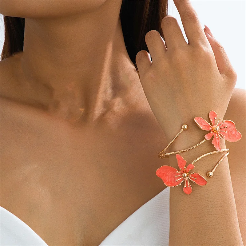 Colorful Enamel Flower Open Arm Ring for Women Elegant Sexy