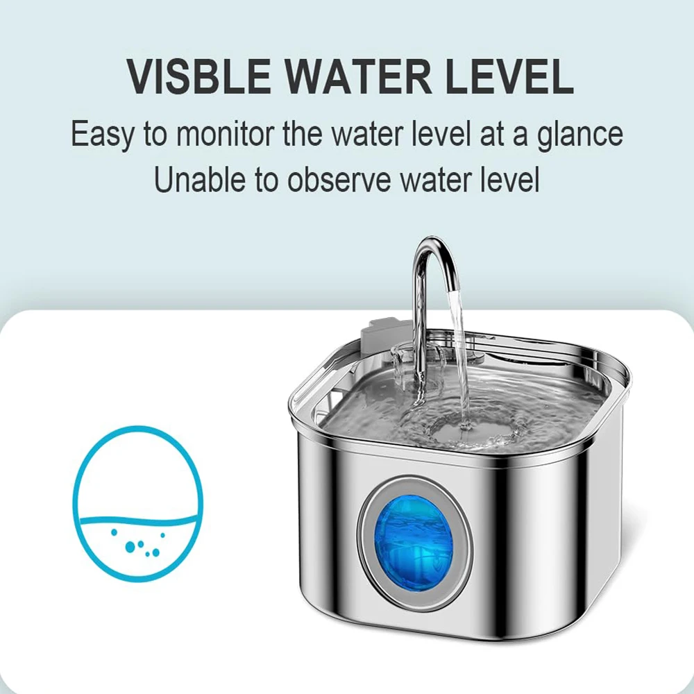 ZYFeeder 2.2L Automatic Cat Water Fountain Square Stainless Steel Pet Water Feeder Dog Water Fountain with window（No 5V 1A Plug）