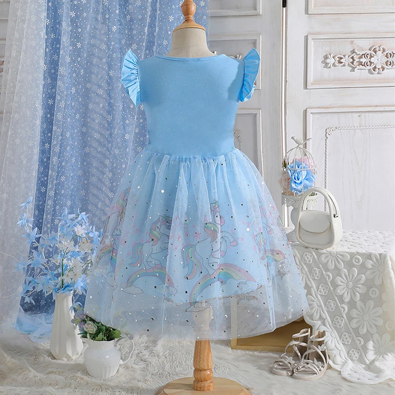 Baby Girls Dress Cute Cartoon Unicorn Cotton Mesh