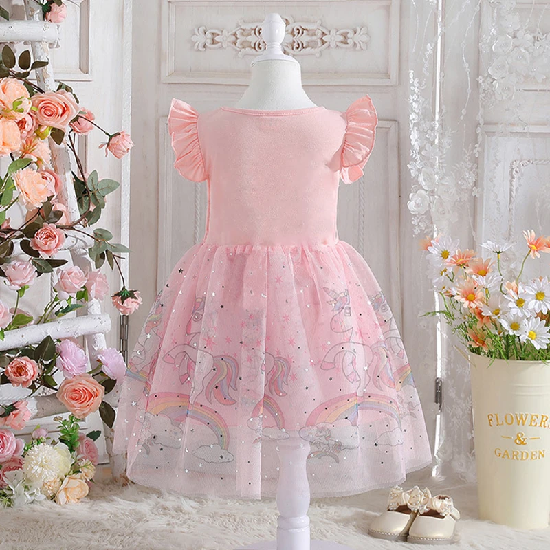 Baby Girls Dress Cute Cartoon Unicorn Cotton Mesh
