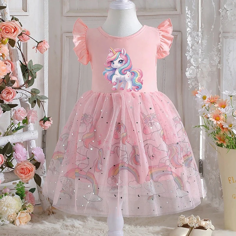 Baby Girls Dress Cute Cartoon Unicorn Cotton Mesh