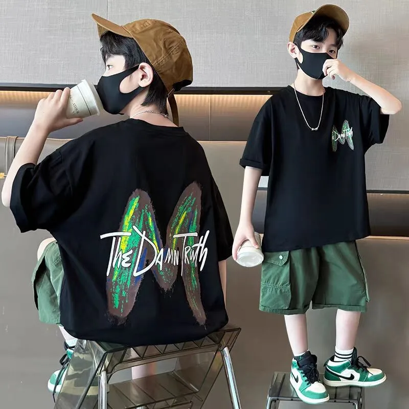 Teen Boys Clothing Set Summer Letter Short Sleeve - Image 2