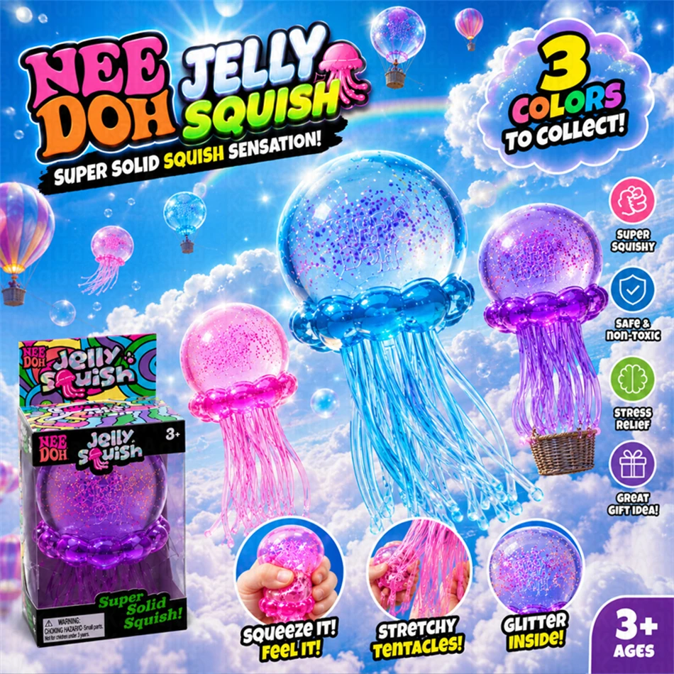Trending Nee Doh Jellyfish & Cube Squish Toy, Soft Jelly Squeeze Stress Relief Fidget Toy, Sensory NeeDoh for Kids & Adults New
