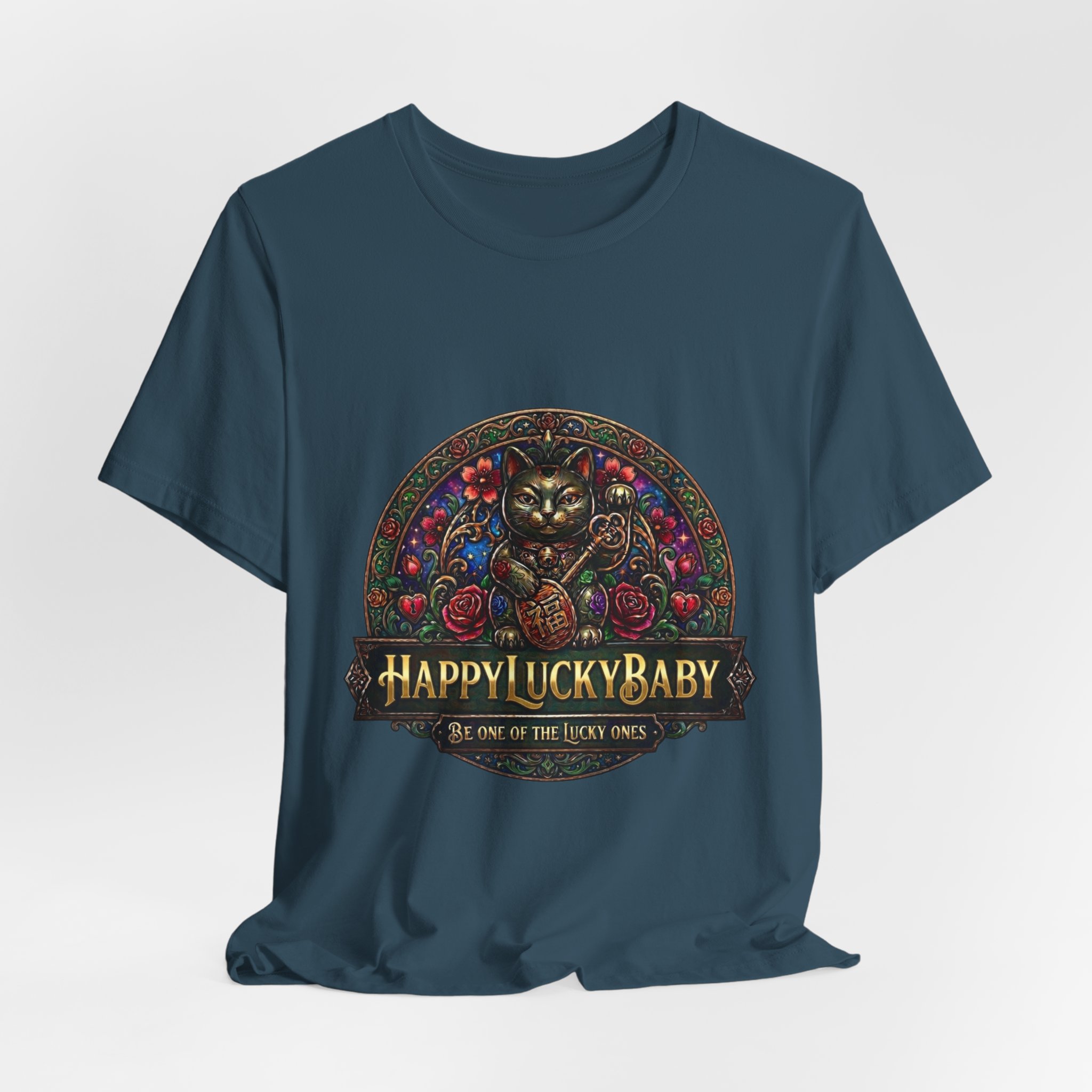 Lucky Cat Graphic Tee - "Happy Lucky Baby" Retro Floral Maneki Neko T-Shirt - Image 36