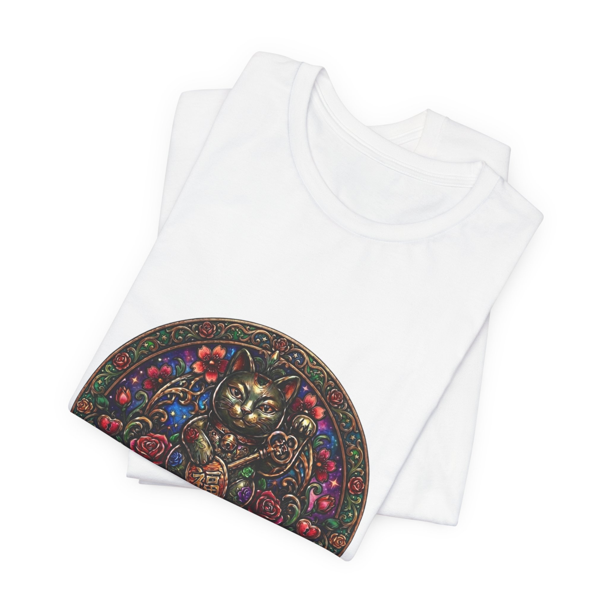 Lucky Cat Graphic Tee - "Happy Lucky Baby" Retro Floral Maneki Neko T-Shirt - Image 3