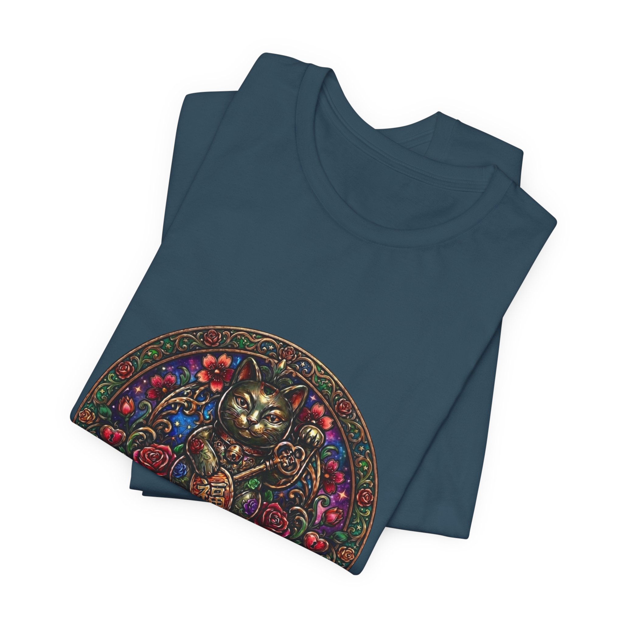 Lucky Cat Graphic Tee - "Happy Lucky Baby" Retro Floral Maneki Neko T-Shirt - Image 35