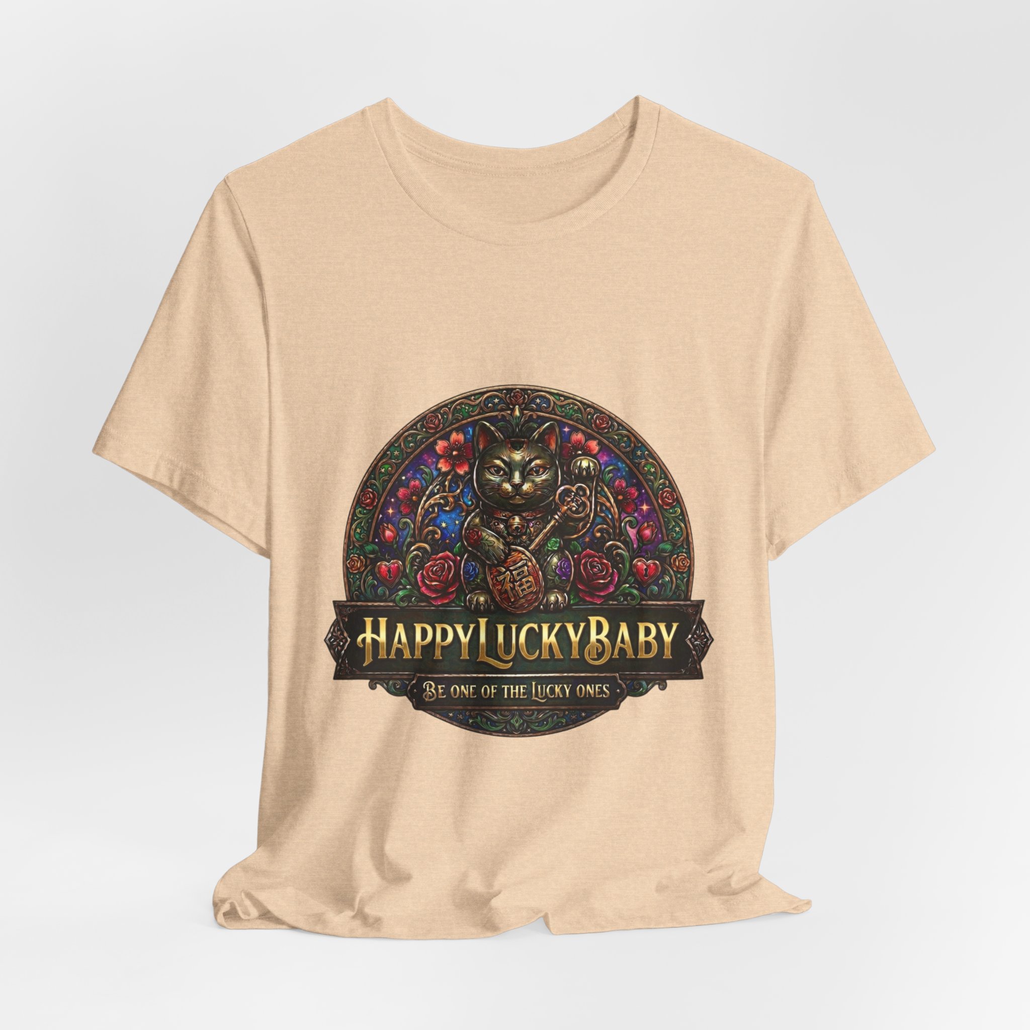 Lucky Cat Graphic Tee - "Happy Lucky Baby" Retro Floral Maneki Neko T-Shirt - Image 24