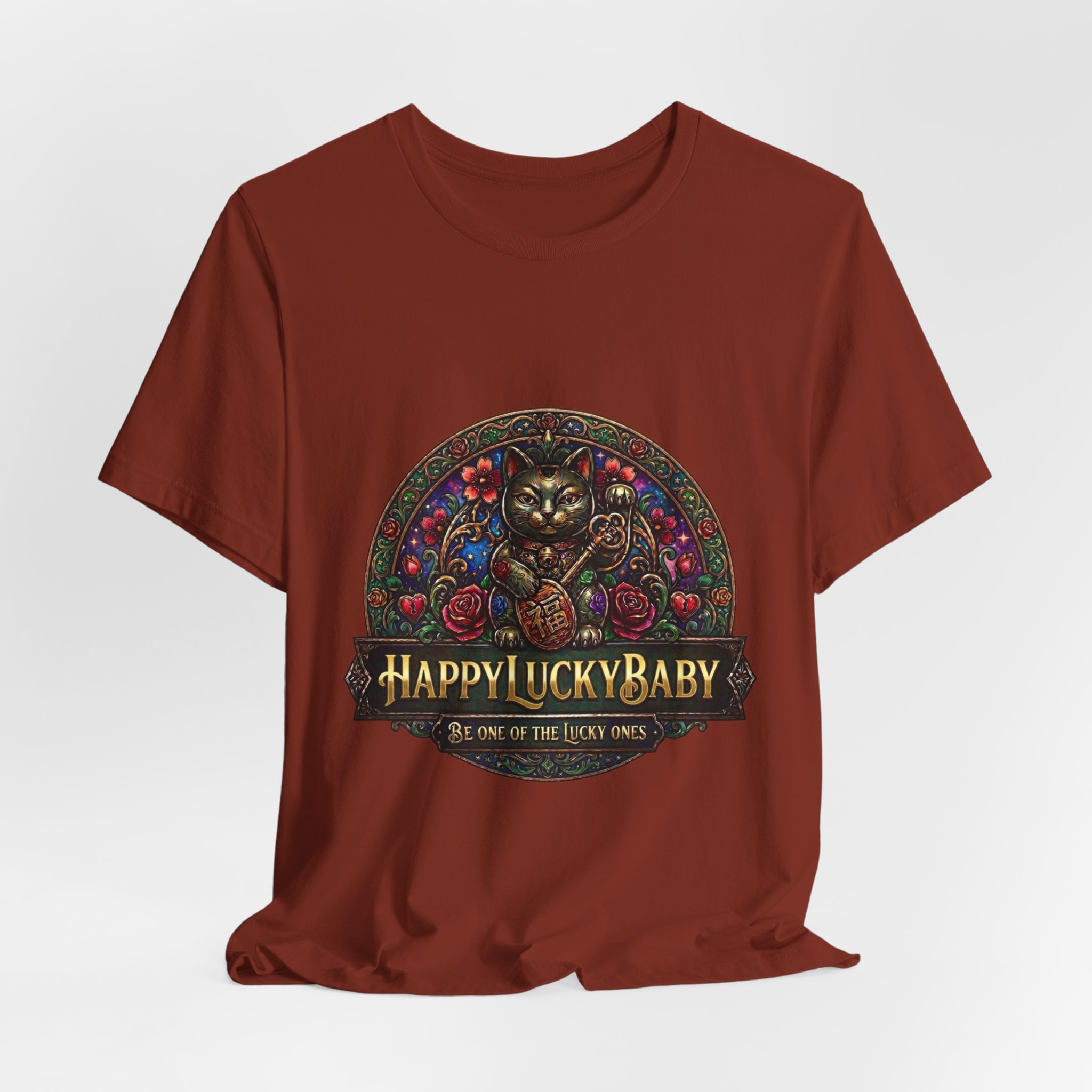 Lucky Cat Graphic Tee - "Happy Lucky Baby" Retro Floral Maneki Neko T-Shirt - Image 16