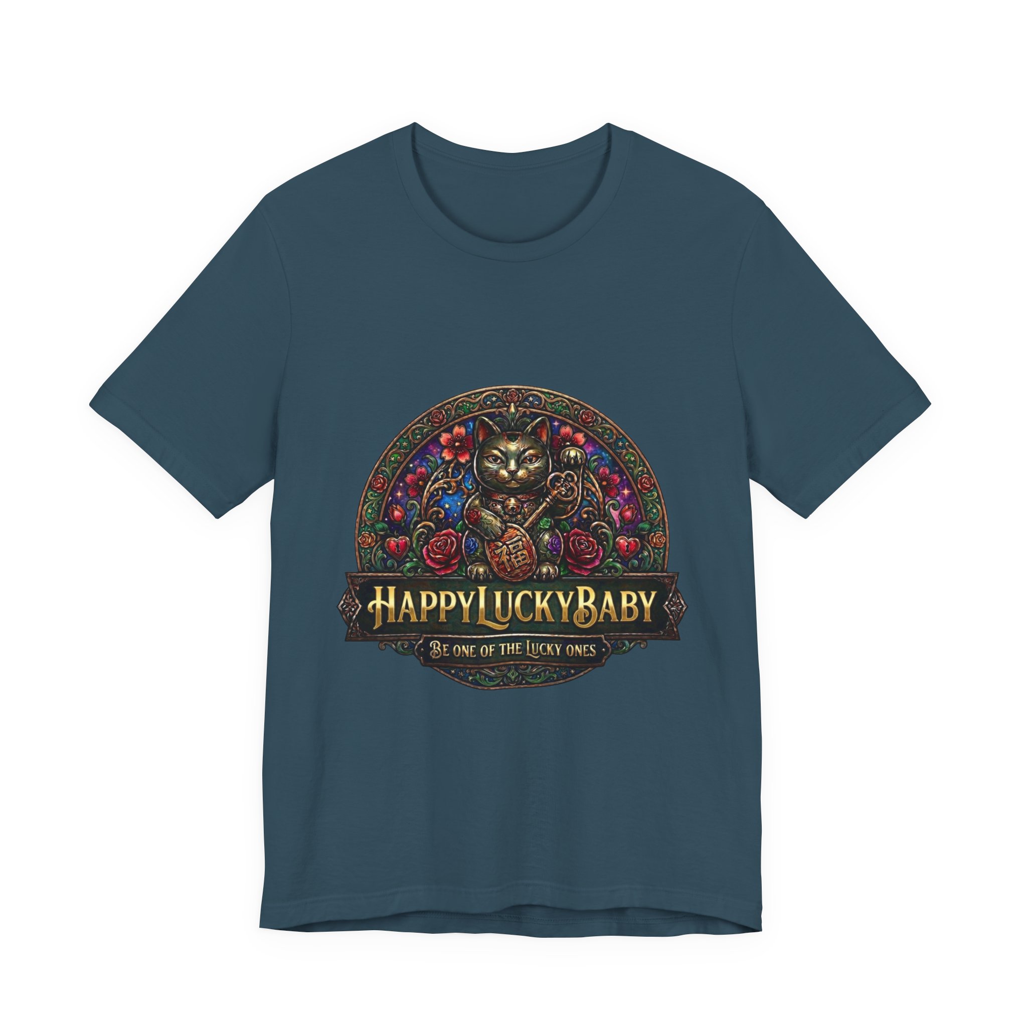 Lucky Cat Graphic Tee - "Happy Lucky Baby" Retro Floral Maneki Neko T-Shirt - Image 33