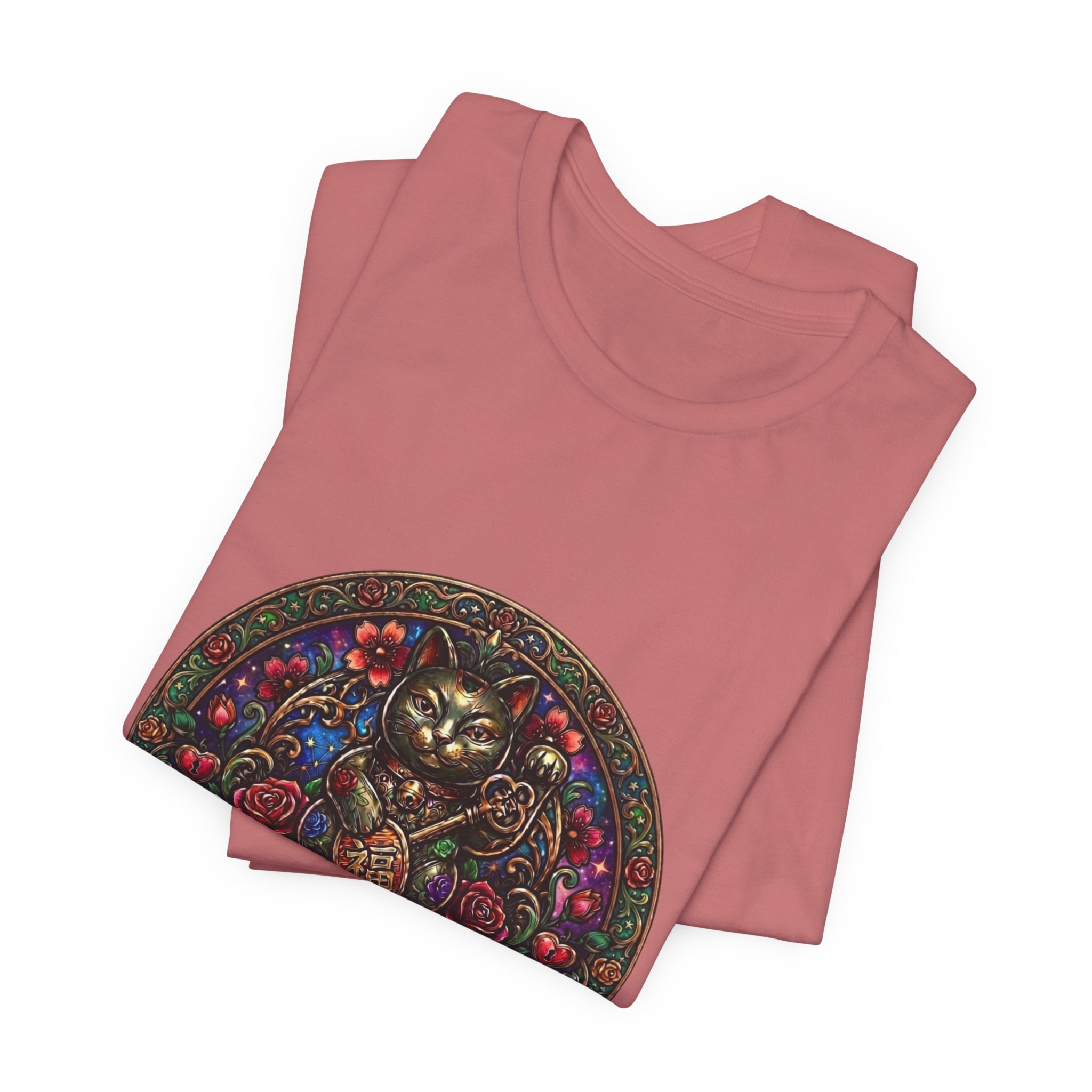 Lucky Cat Graphic Tee - "Happy Lucky Baby" Retro Floral Maneki Neko T-Shirt - Image 11