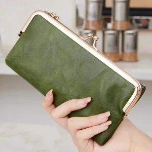 Vintage Kiss Lock Long Women's Wallet Solid Color Multi functional Zipper Wallet Minimalism Double Fold Large Capacity Handbag