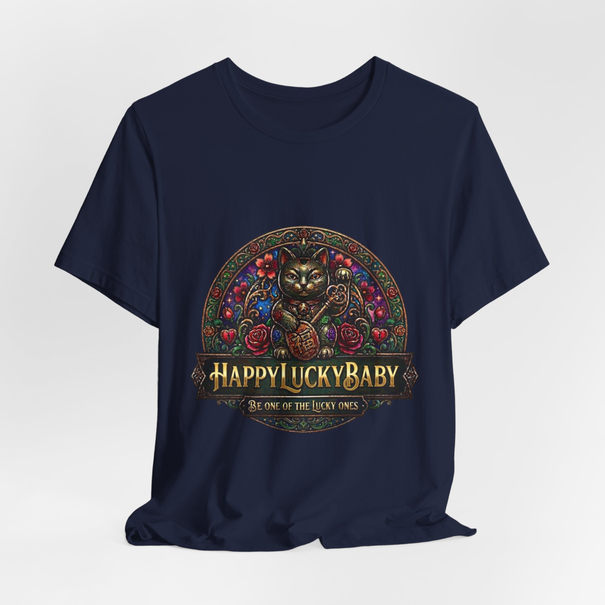 Lucky Cat Graphic Tee - "Happy Lucky Baby" Retro Floral Maneki Neko T-Shirt - Image 40