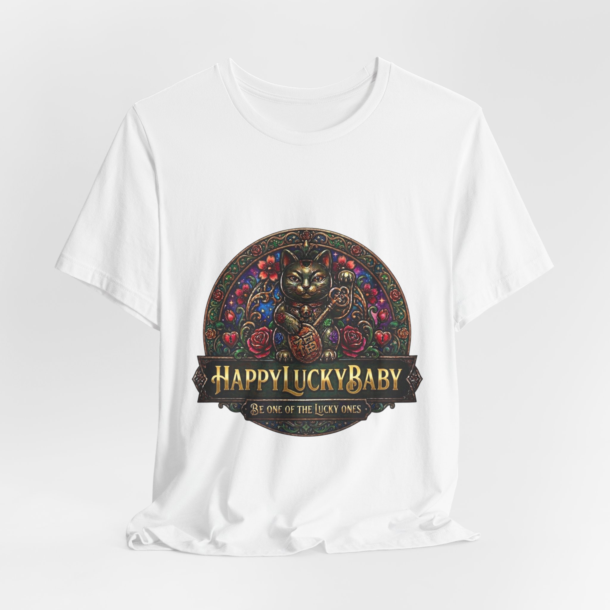 Lucky Cat Graphic Tee - "Happy Lucky Baby" Retro Floral Maneki Neko T-Shirt - Image 4