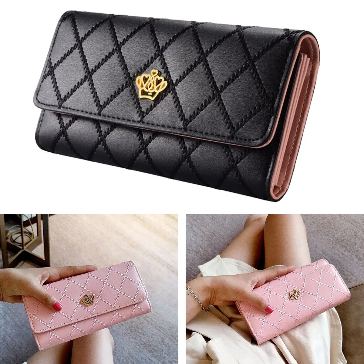 Women PU Leather Long Wallet Diamond Pattern Purse Large Capacity Card Holder Crown Buckle Ladies Phone Bag Girls Gifts