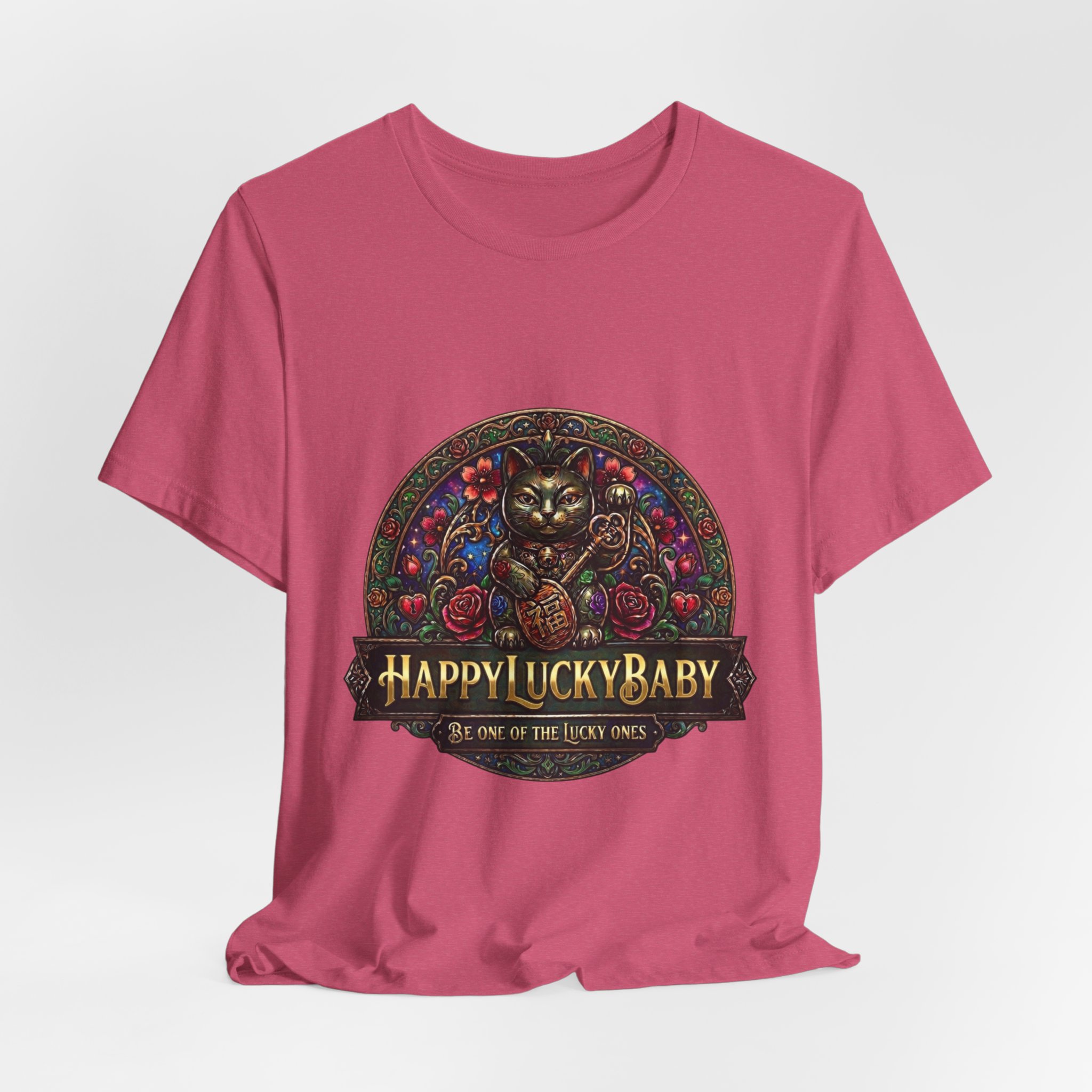 Lucky Cat Graphic Tee - "Happy Lucky Baby" Retro Floral Maneki Neko T-Shirt - Image 44