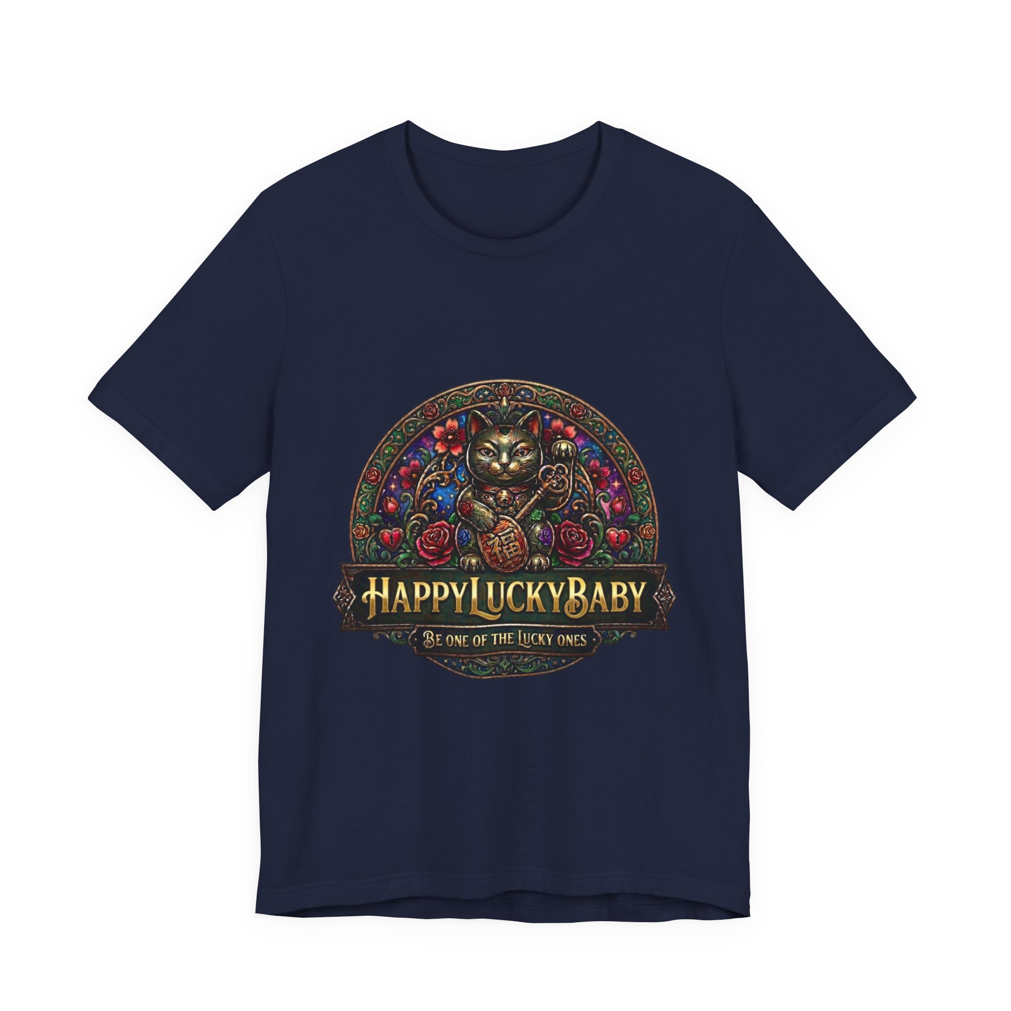 Lucky Cat Graphic Tee - "Happy Lucky Baby" Retro Floral Maneki Neko T-Shirt - Image 37