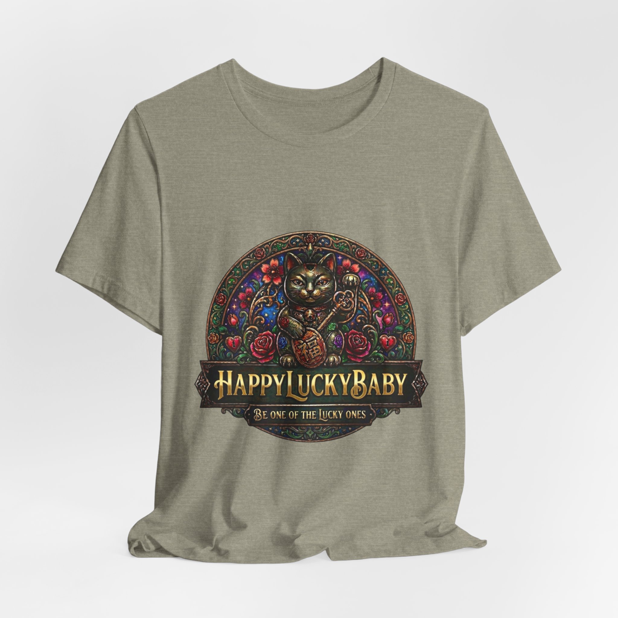 Lucky Cat Graphic Tee - "Happy Lucky Baby" Retro Floral Maneki Neko T-Shirt - Image 32