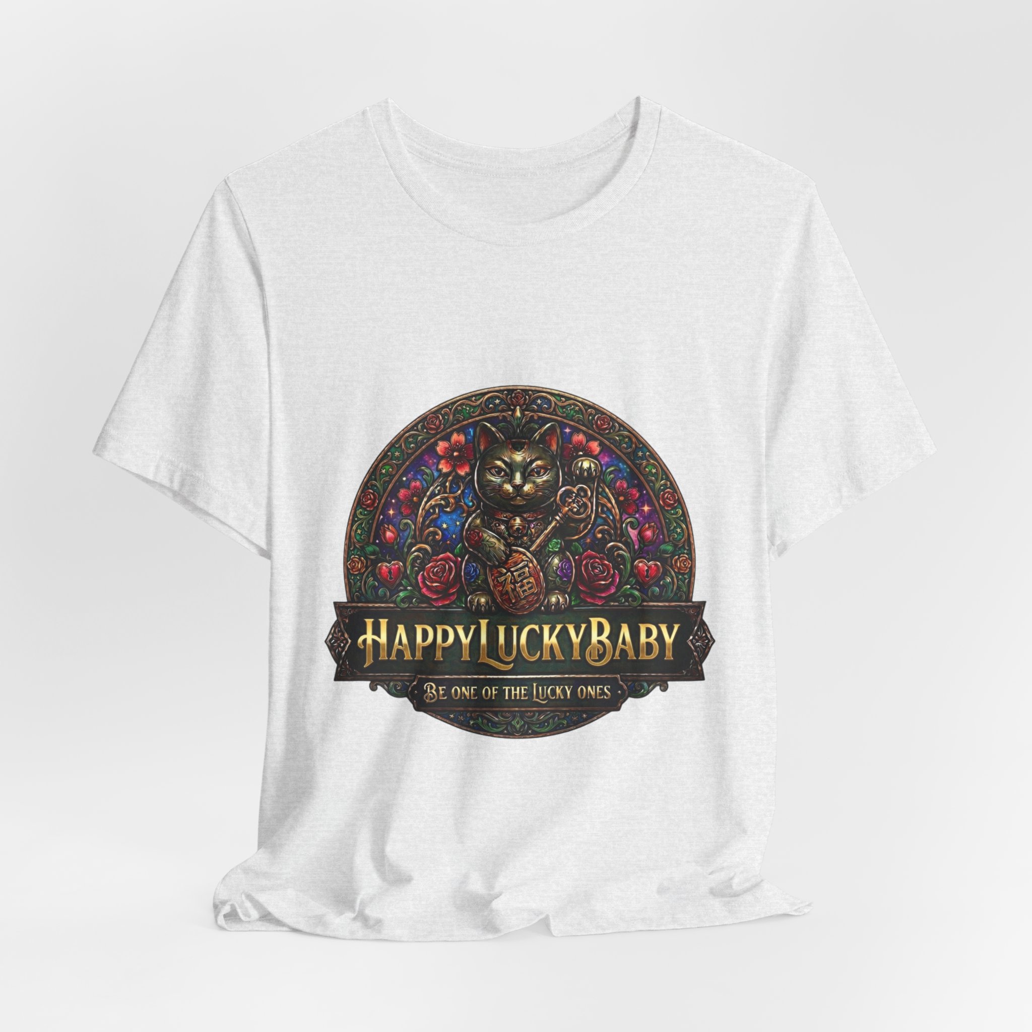 Lucky Cat Graphic Tee - "Happy Lucky Baby" Retro Floral Maneki Neko T-Shirt - Image 8