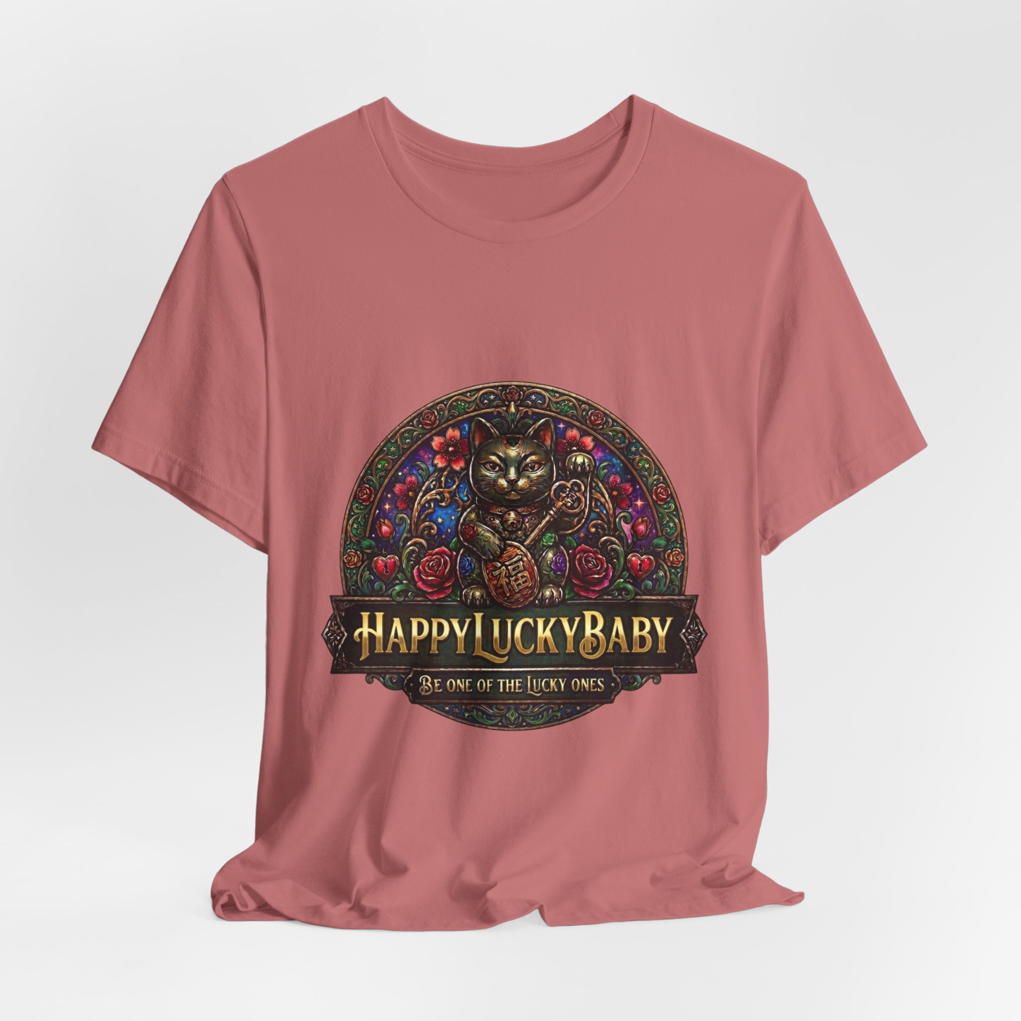 Lucky Cat Graphic Tee - "Happy Lucky Baby" Retro Floral Maneki Neko T-Shirt - Image 12