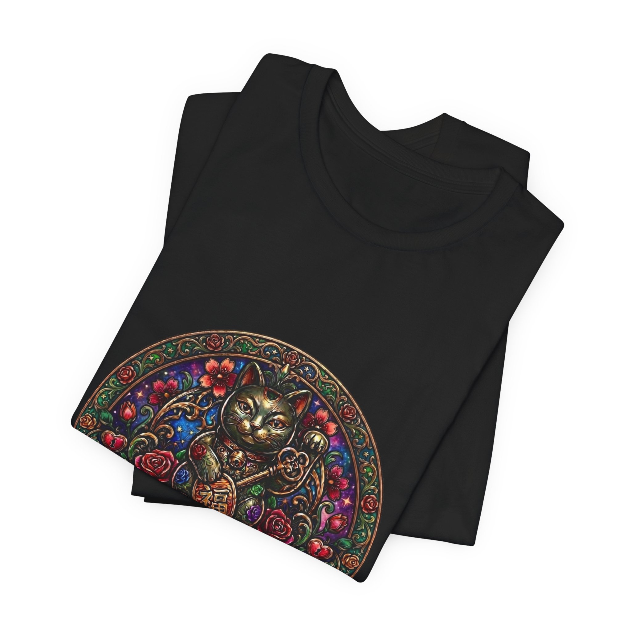Lucky Cat Graphic Tee - "Happy Lucky Baby" Retro Floral Maneki Neko T-Shirt - Image 19