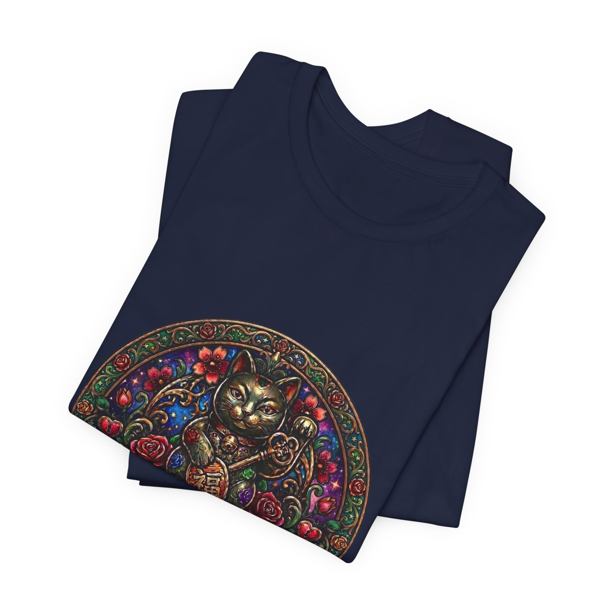 Lucky Cat Graphic Tee - "Happy Lucky Baby" Retro Floral Maneki Neko T-Shirt - Image 39