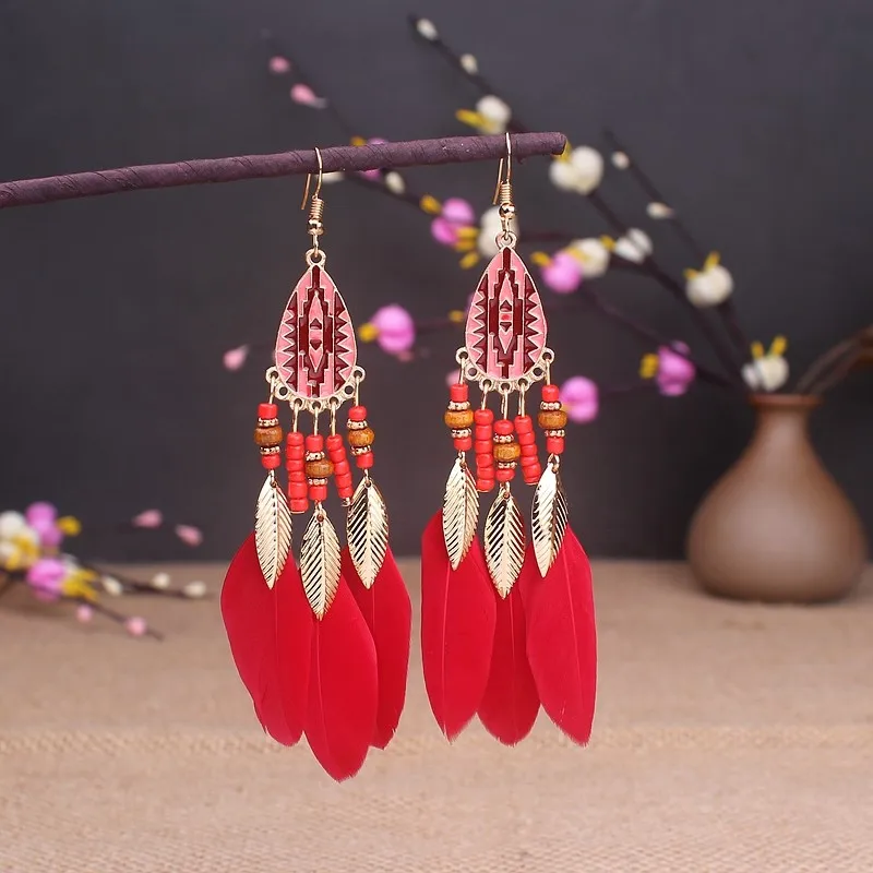 Long Feather Dangle Women's Earrings Beach Long Tassel