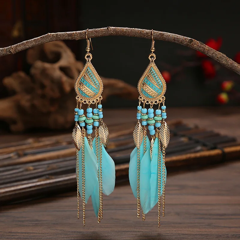 Long Feather Dangle Women's Earrings Beach Long Tassel