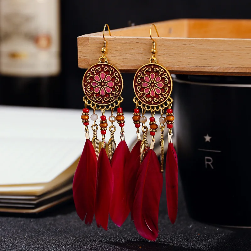 Long Feather Dangle Women's Earrings Beach Long Tassel