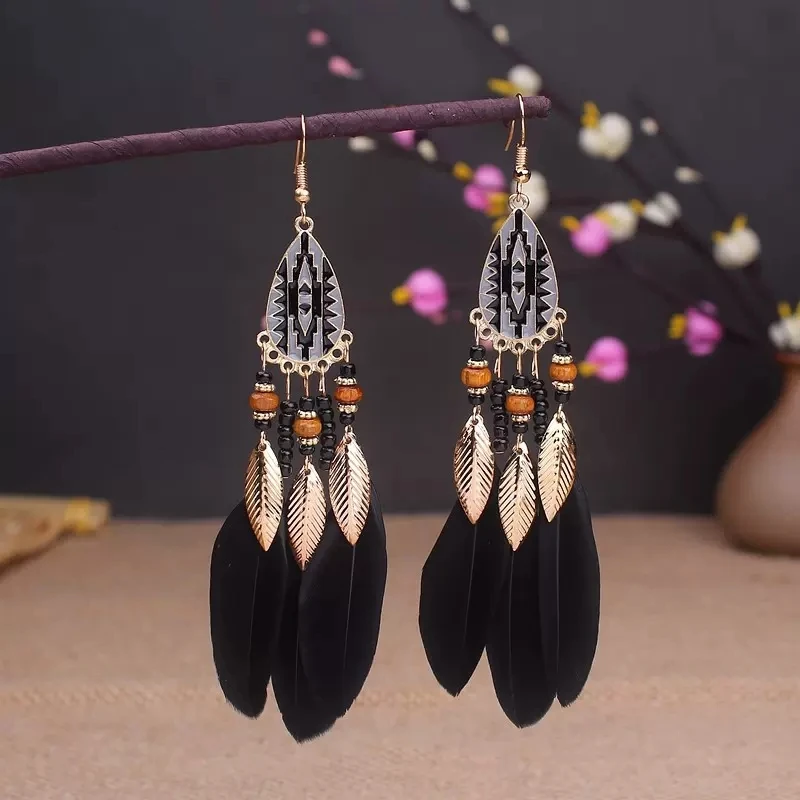 Long Feather Dangle Women's Earrings Beach Long Tassel