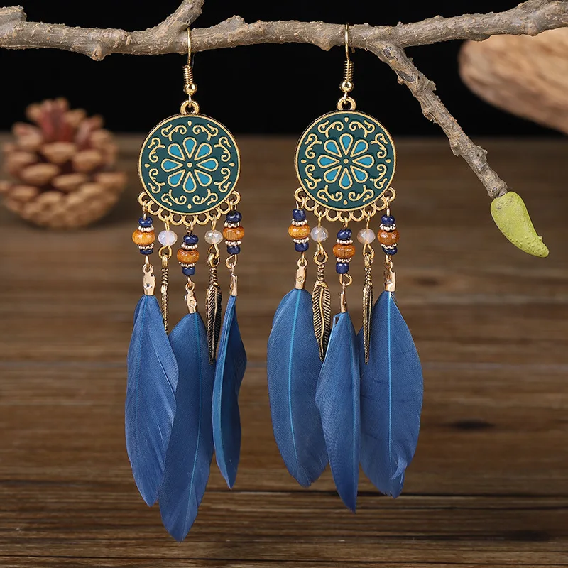 Long Feather Dangle Women's Earrings Beach Long Tassel