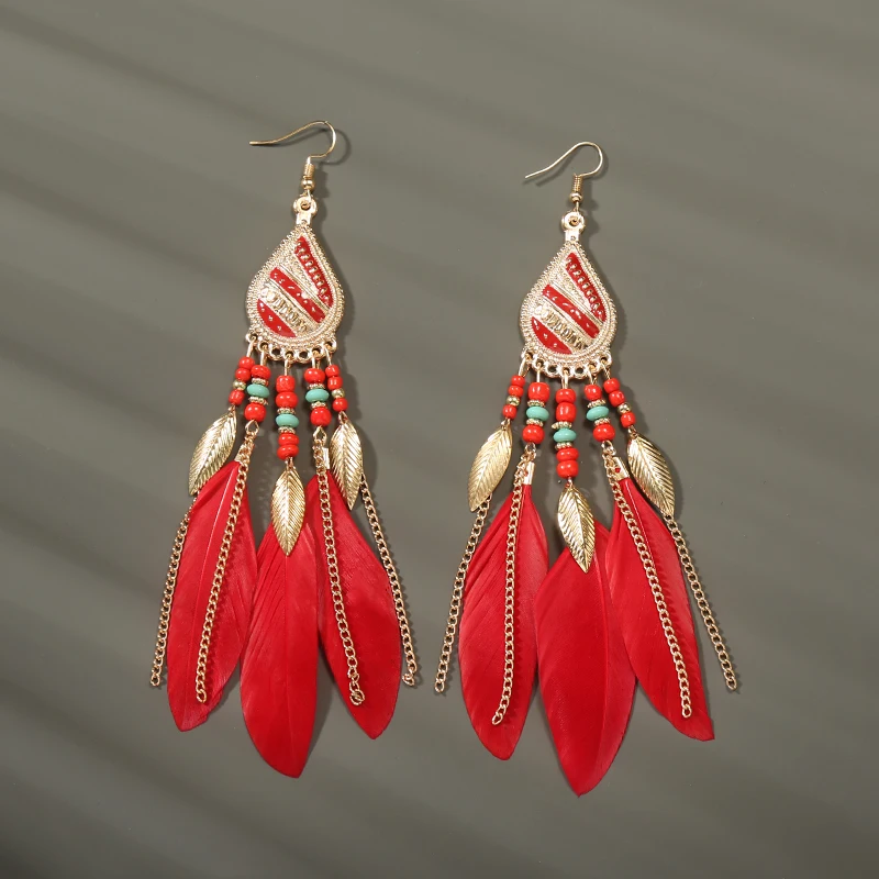 Long Feather Dangle Women's Earrings Beach Long Tassel