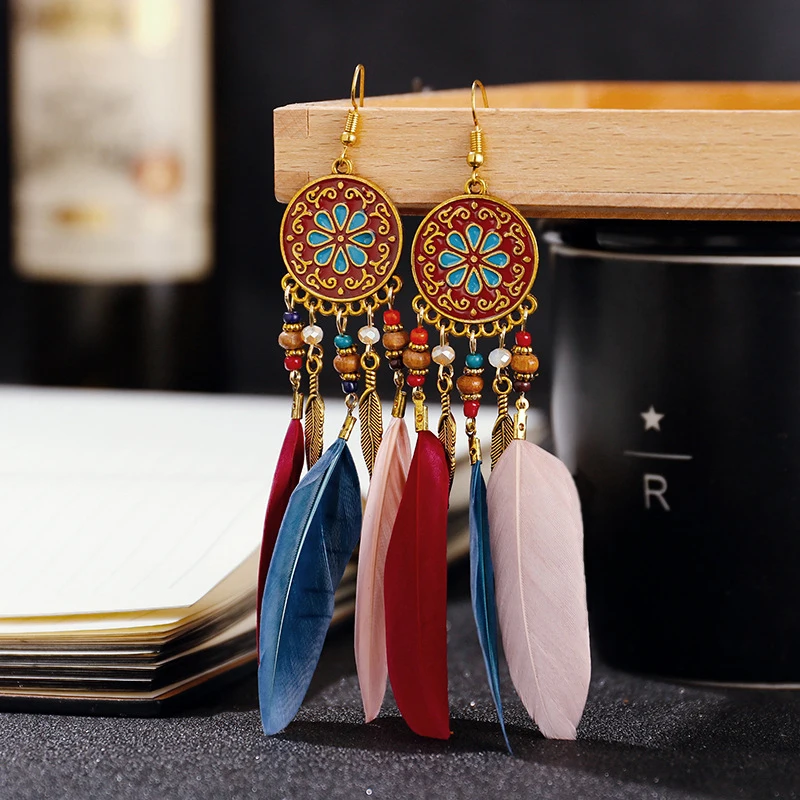 Long Feather Dangle Women's Earrings Beach Long Tassel