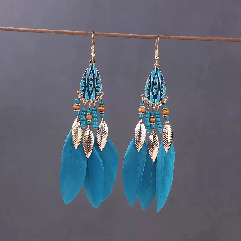 Long Feather Dangle Women's Earrings Beach Long Tassel