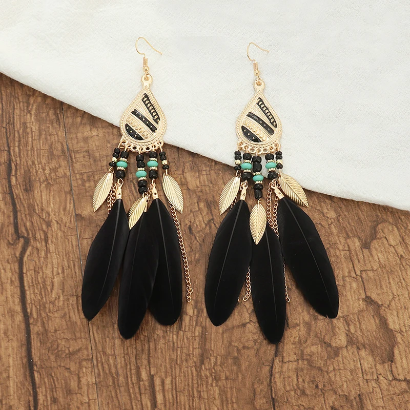 Long Feather Dangle Women's Earrings Beach Long Tassel