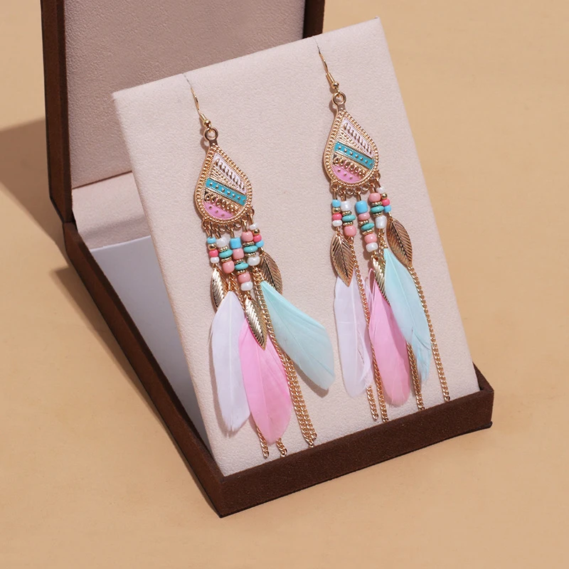 Long Feather Dangle Women's Earrings Beach Long Tassel