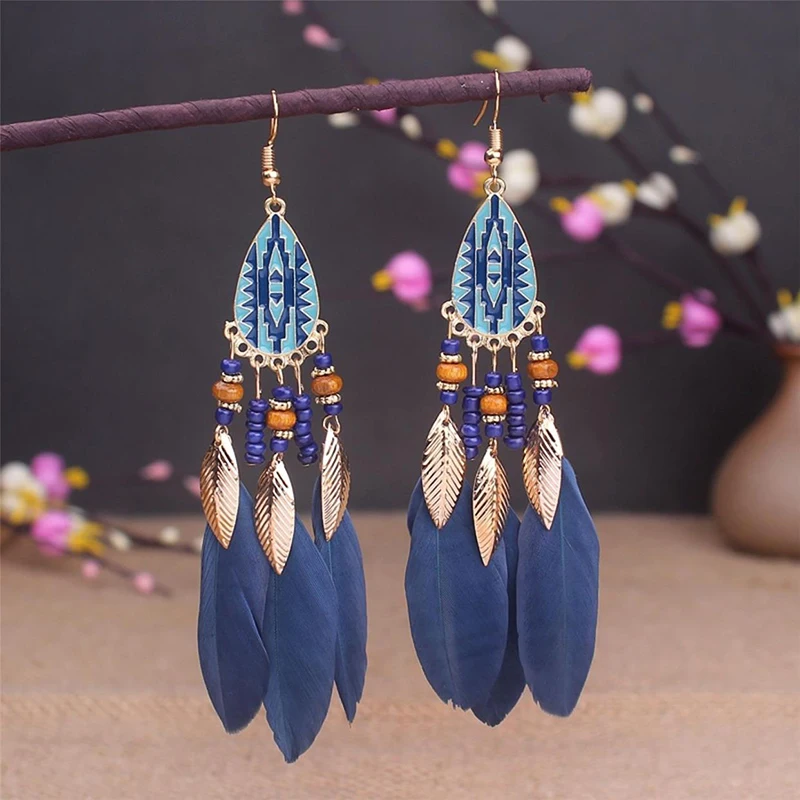 Long Feather Dangle Women's Earrings Beach Long Tassel