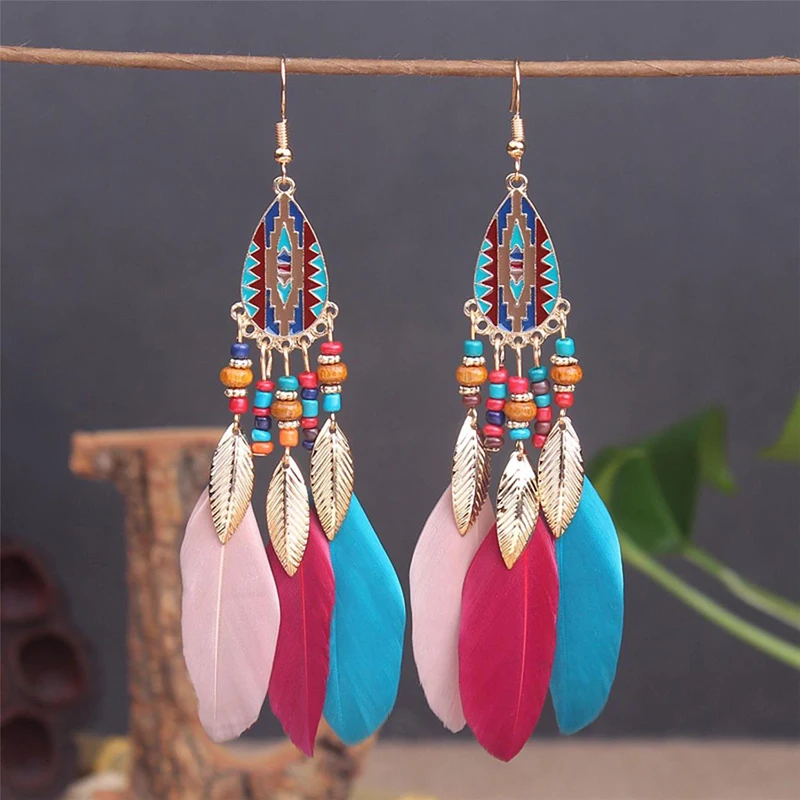 Long Feather Dangle Women's Earrings Beach Long Tassel