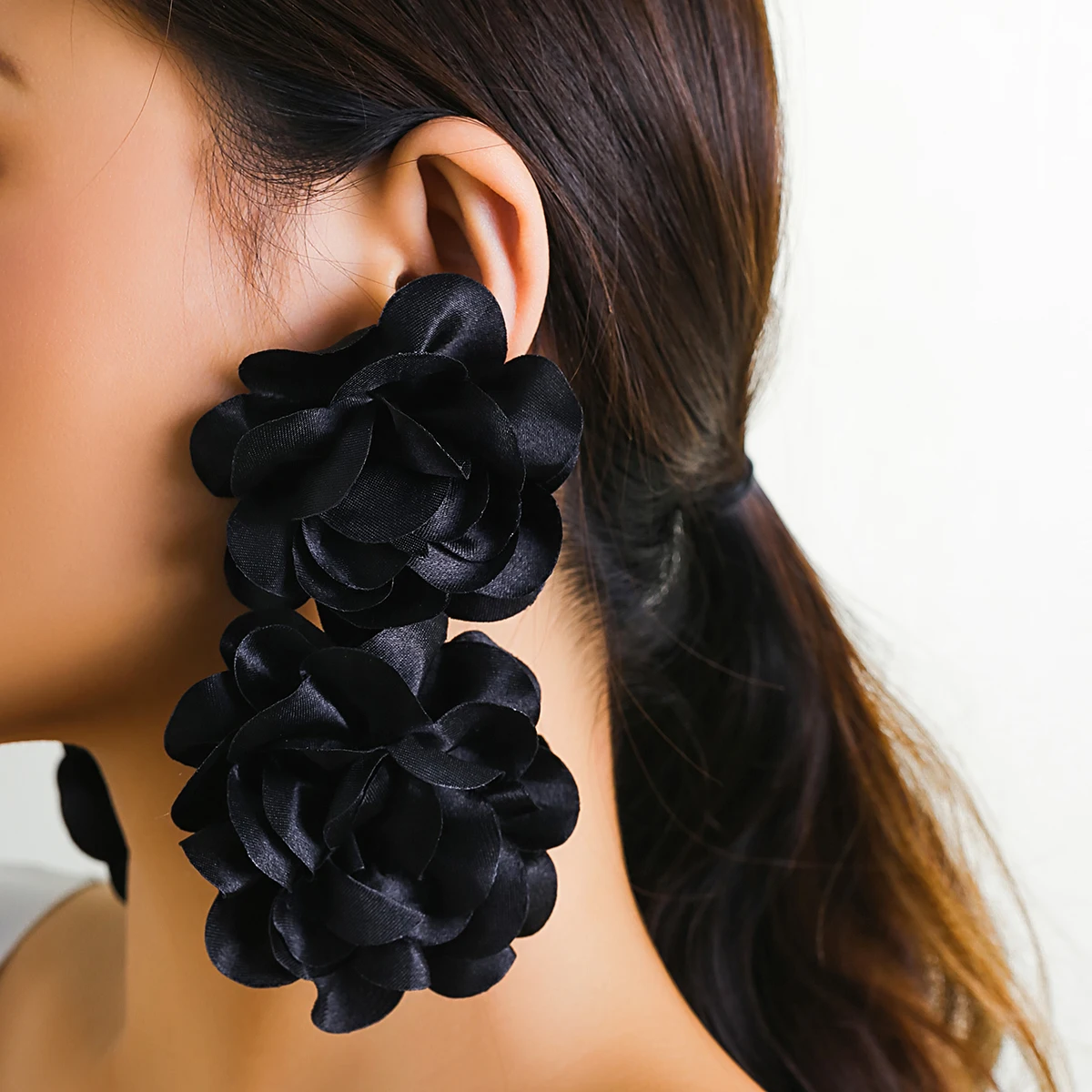 Exaggerated Big Fluffy Fabric Flower Petal Drop Earrings