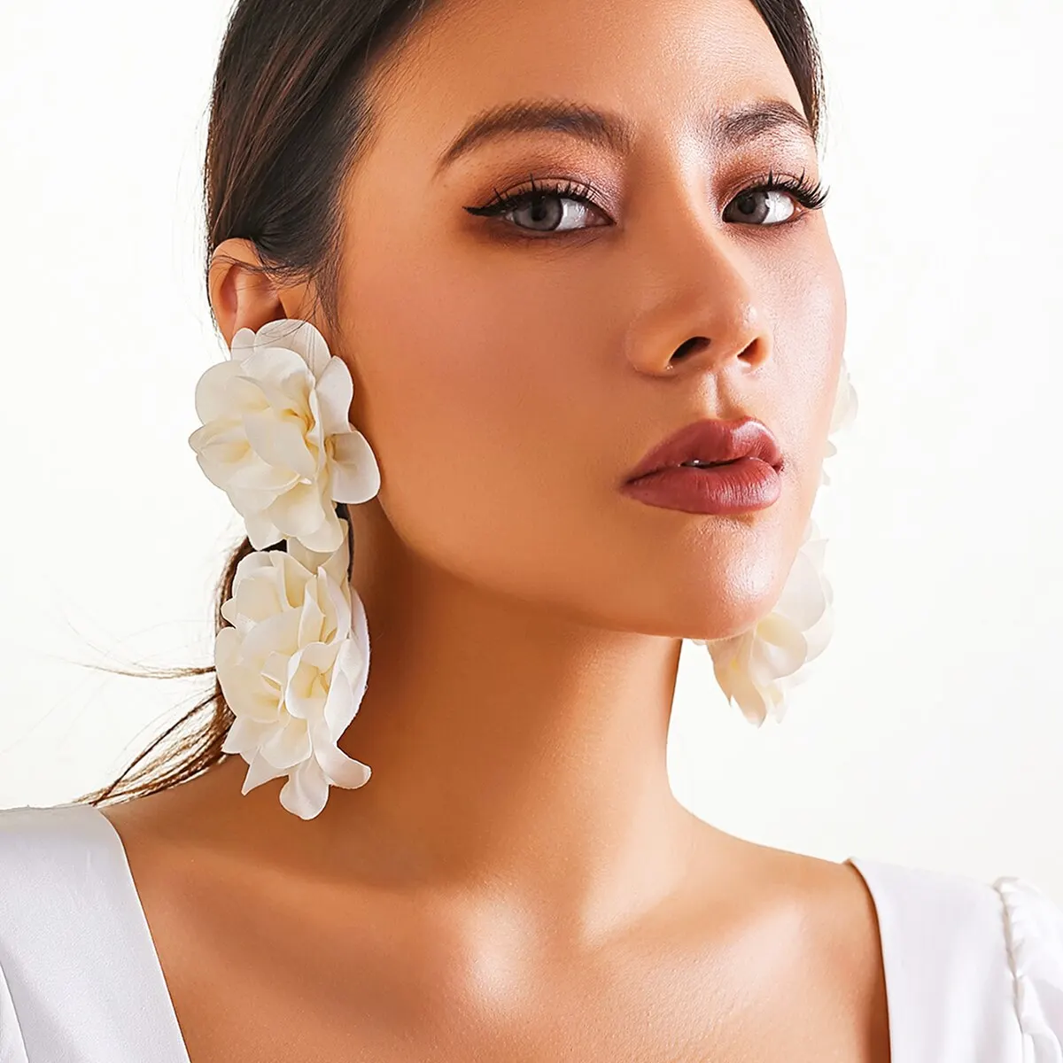 Exaggerated Big Fluffy Fabric Flower Petal Drop Earrings