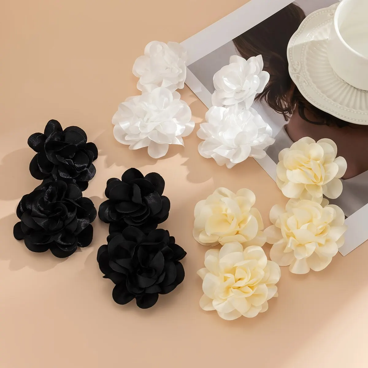 Exaggerated Big Fluffy Fabric Flower Petal Drop Earrings
