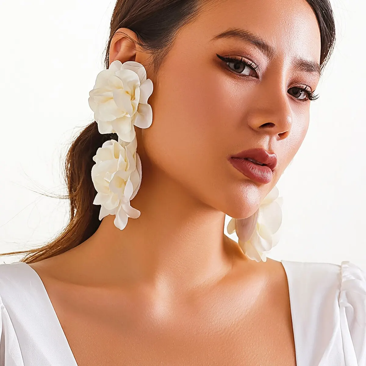 Exaggerated Big Fluffy Fabric Flower Petal Drop Earrings