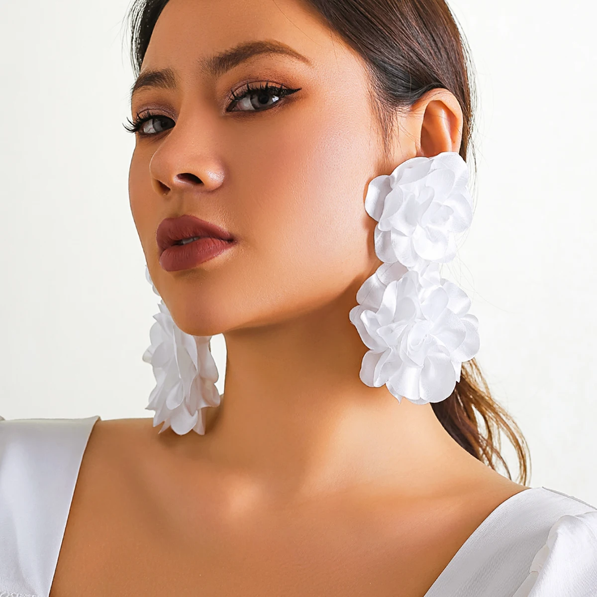 Exaggerated Big Fluffy Fabric Flower Petal Drop Earrings