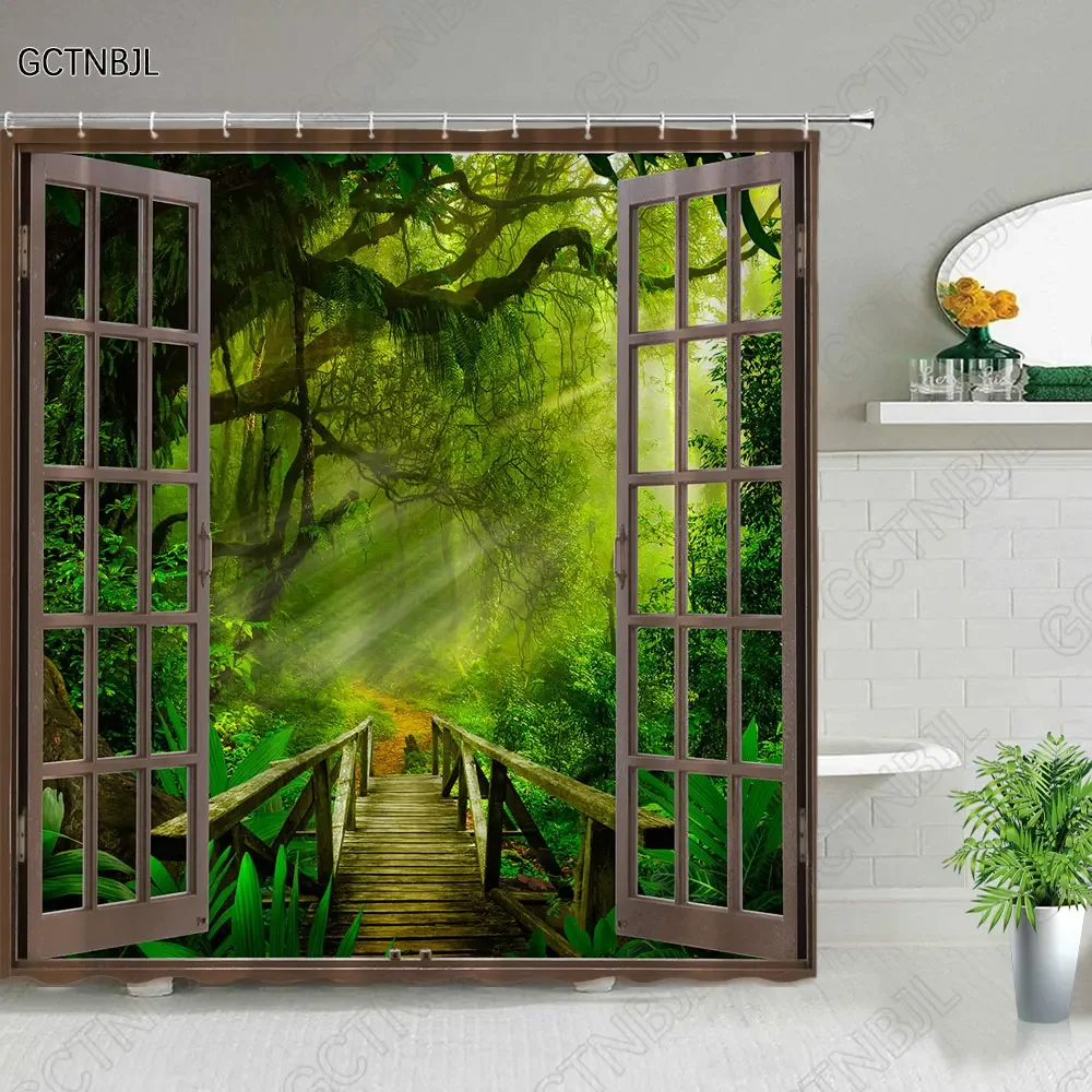Forest Landscape Shower Curtains With Hooks
